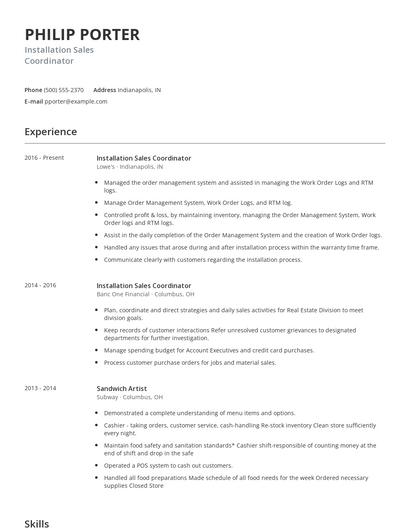 Installation Sales Coordinator Resume
