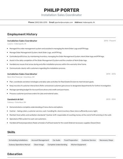 Installation Sales Coordinator Resume