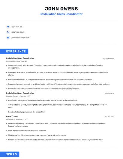 Installation Sales Coordinator Resume