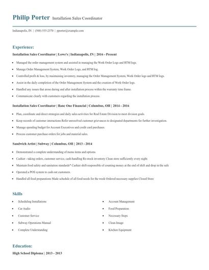 Installation Sales Coordinator Resume