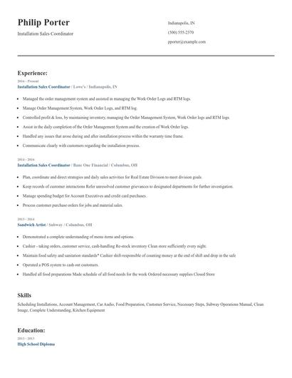 Installation Sales Coordinator Resume