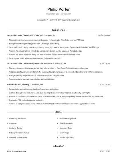 Installation Sales Coordinator Resume
