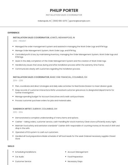 Installation Sales Coordinator Resume