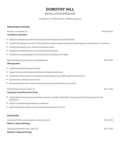 Installation Specialist Resume