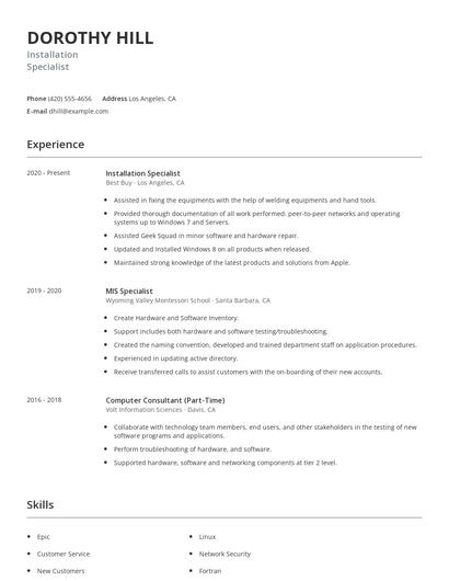Installation Specialist Resume