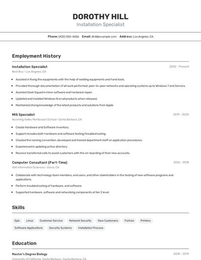 Installation Specialist Resume