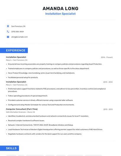 Installation Specialist Resume