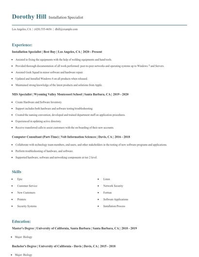 Installation Specialist Resume