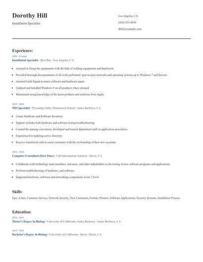 Installation Specialist Resume