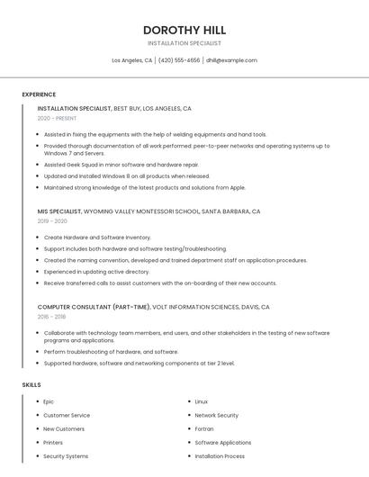 Installation Specialist Resume