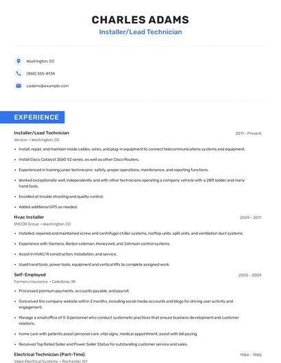 Installer/Lead Technician Resume