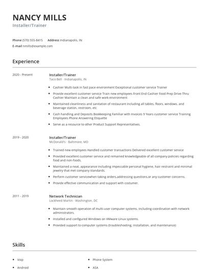 Installer/Trainer Resume