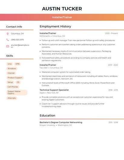 Installer/Trainer Resume