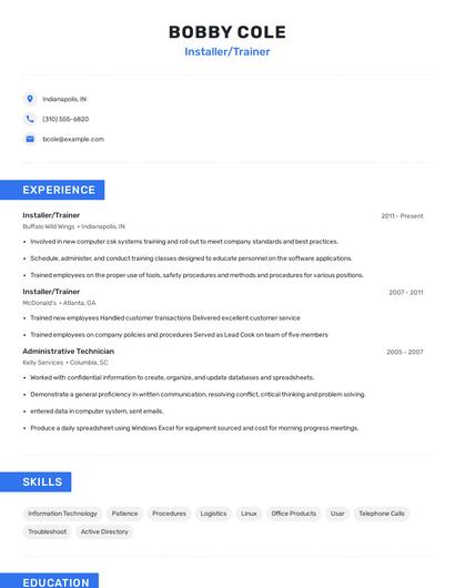 Installer/Trainer Resume