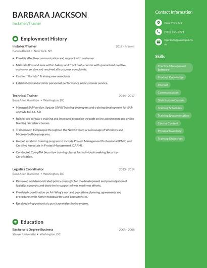 Installer/Trainer Resume