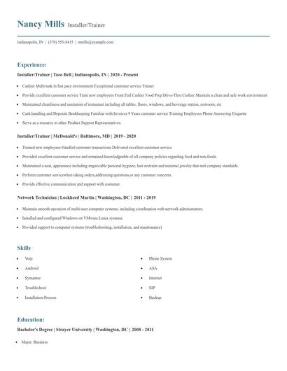 Installer/Trainer Resume