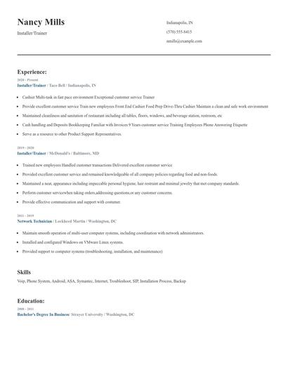 Installer/Trainer Resume