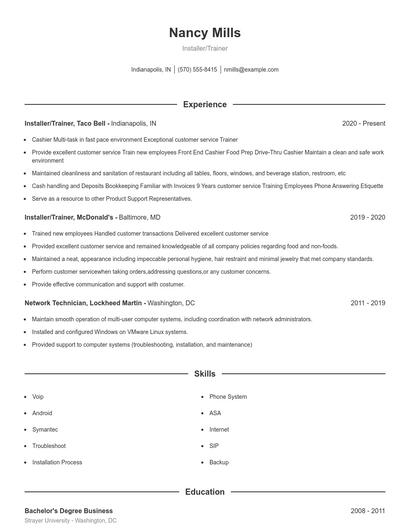 Installer/Trainer Resume