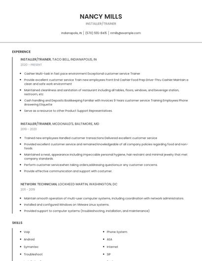 Installer/Trainer Resume