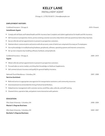 Installment Agent Resume