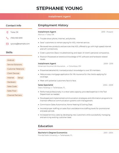 Installment Agent Resume