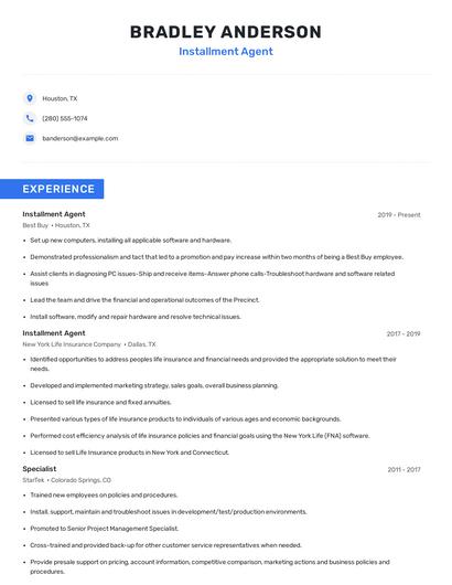 Installment Agent Resume