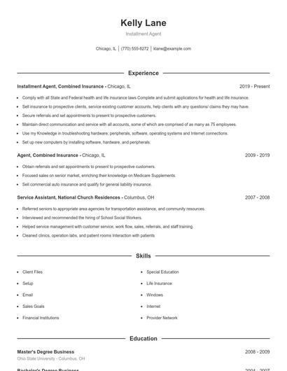 Installment Agent Resume