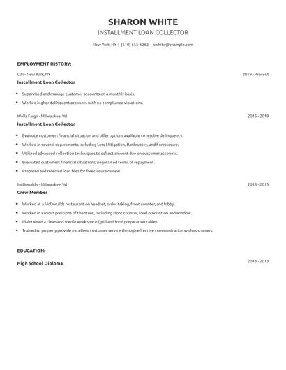 Installment Loan Collector Resume