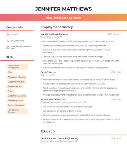 Installment Loan Collector Resume
