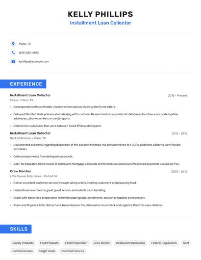 Installment Loan Collector Resume
