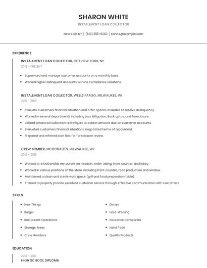 Installment Loan Collector Resume