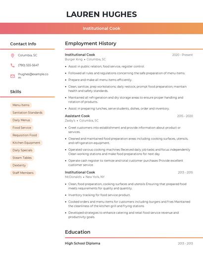 Institutional Cook Resume