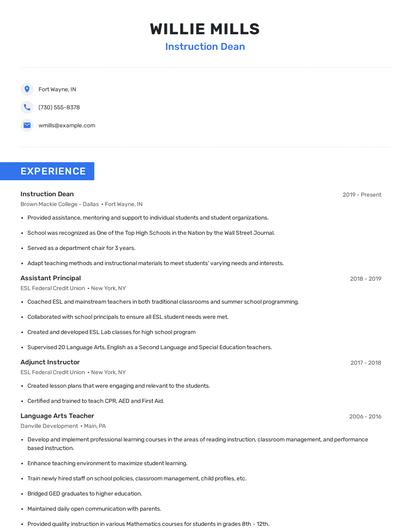 Instruction Dean Resume