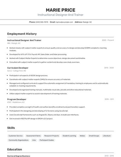 Instructional Designer And Trainer Resume