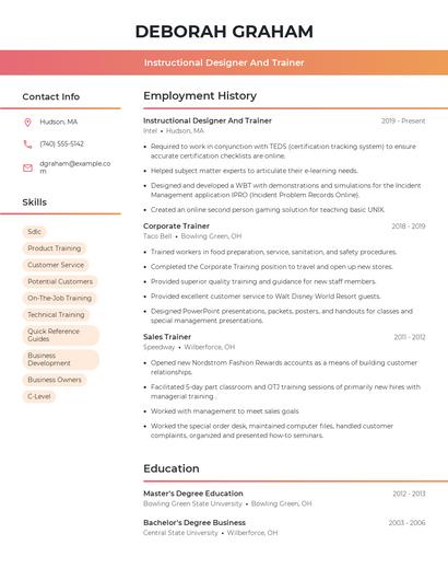 Instructional Designer And Trainer Resume