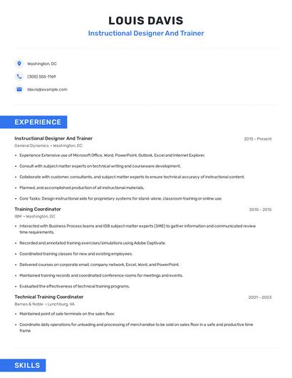 Instructional Designer And Trainer Resume
