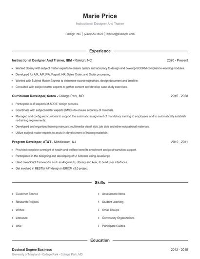 Instructional Designer And Trainer Resume