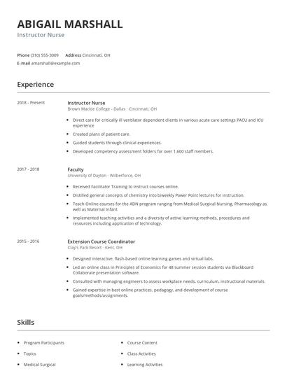 Instructor Nurse Resume