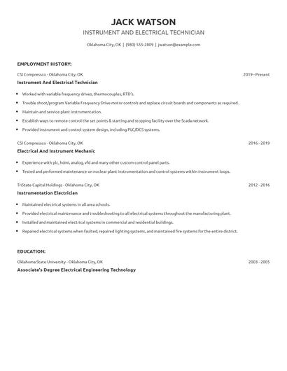 Instrument And Electrical Technician Resume
