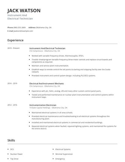 Instrument And Electrical Technician Resume