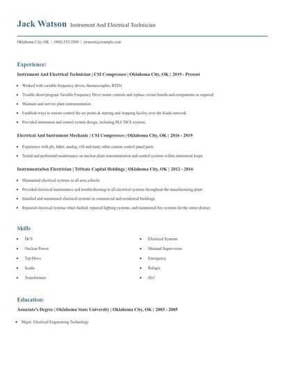Instrument And Electrical Technician Resume