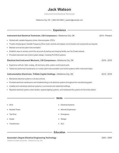 Instrument And Electrical Technician Resume