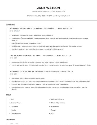 Instrument And Electrical Technician Resume