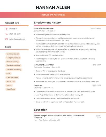 Instrument Assembler Resume