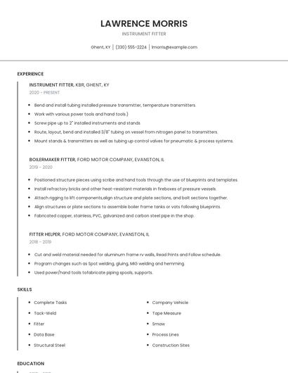Instrument Fitter Resume