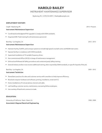 Instrument Maintenance Supervisor Resume
