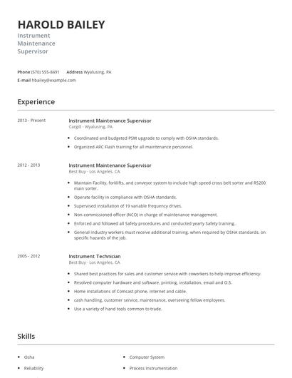 Instrument Maintenance Supervisor Resume