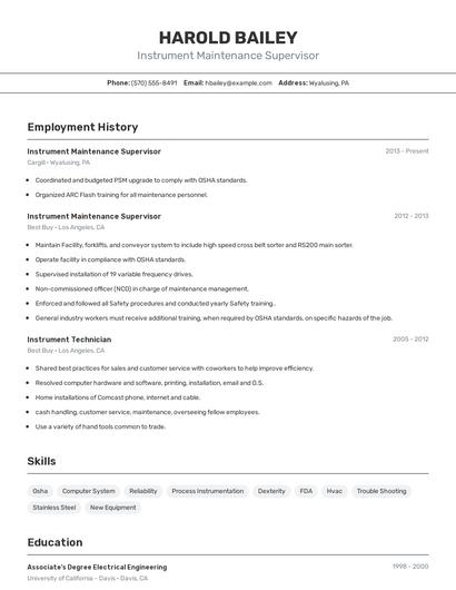 Instrument Maintenance Supervisor Resume