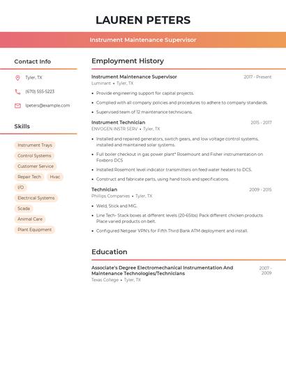 Instrument Maintenance Supervisor Resume