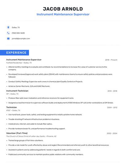 Instrument Maintenance Supervisor Resume